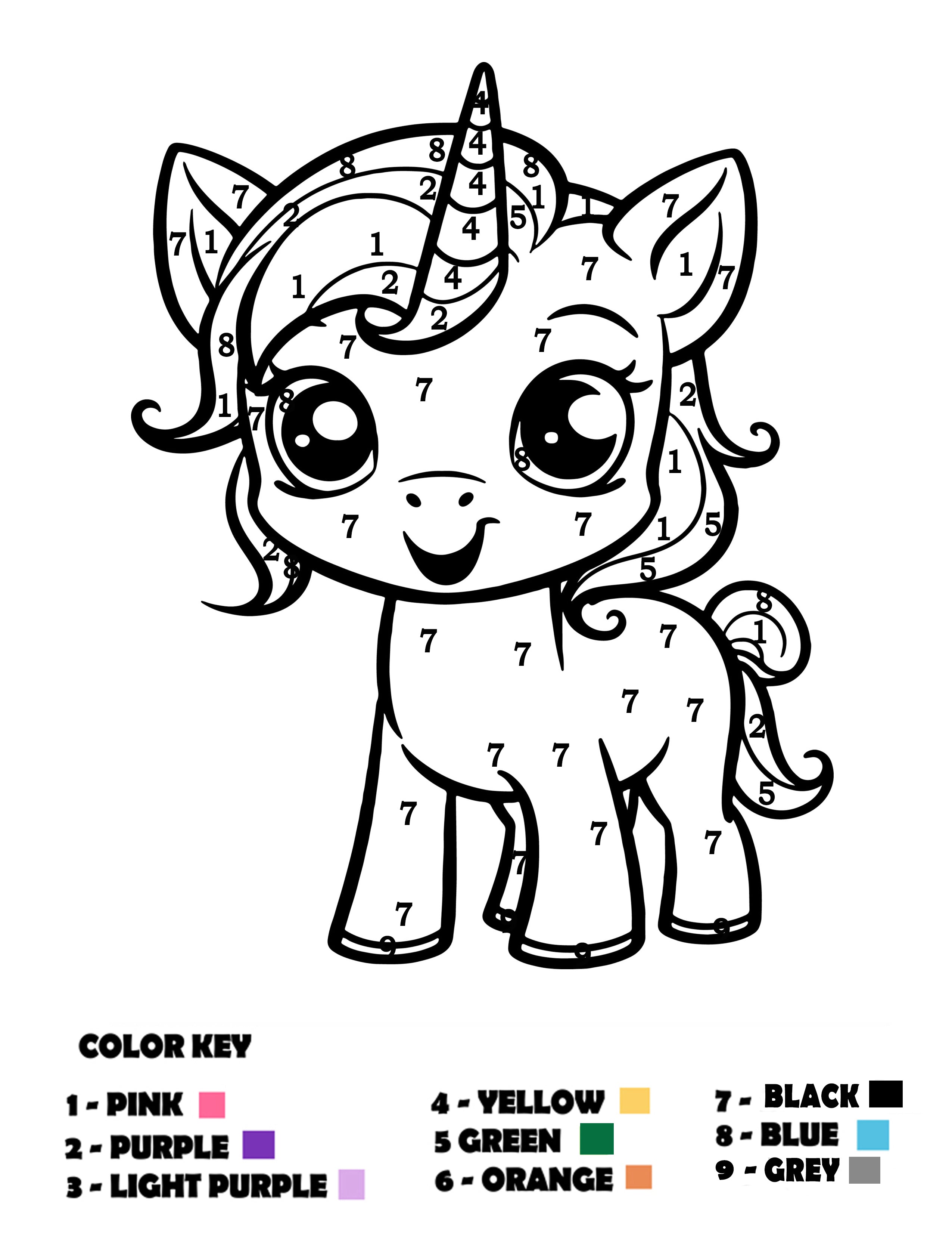 A black and white cartoon unicorn coloring page with numbered sections and a color key at the bottom showing color options like pink, purple, green, yellow, orange, blue, black, and grey.