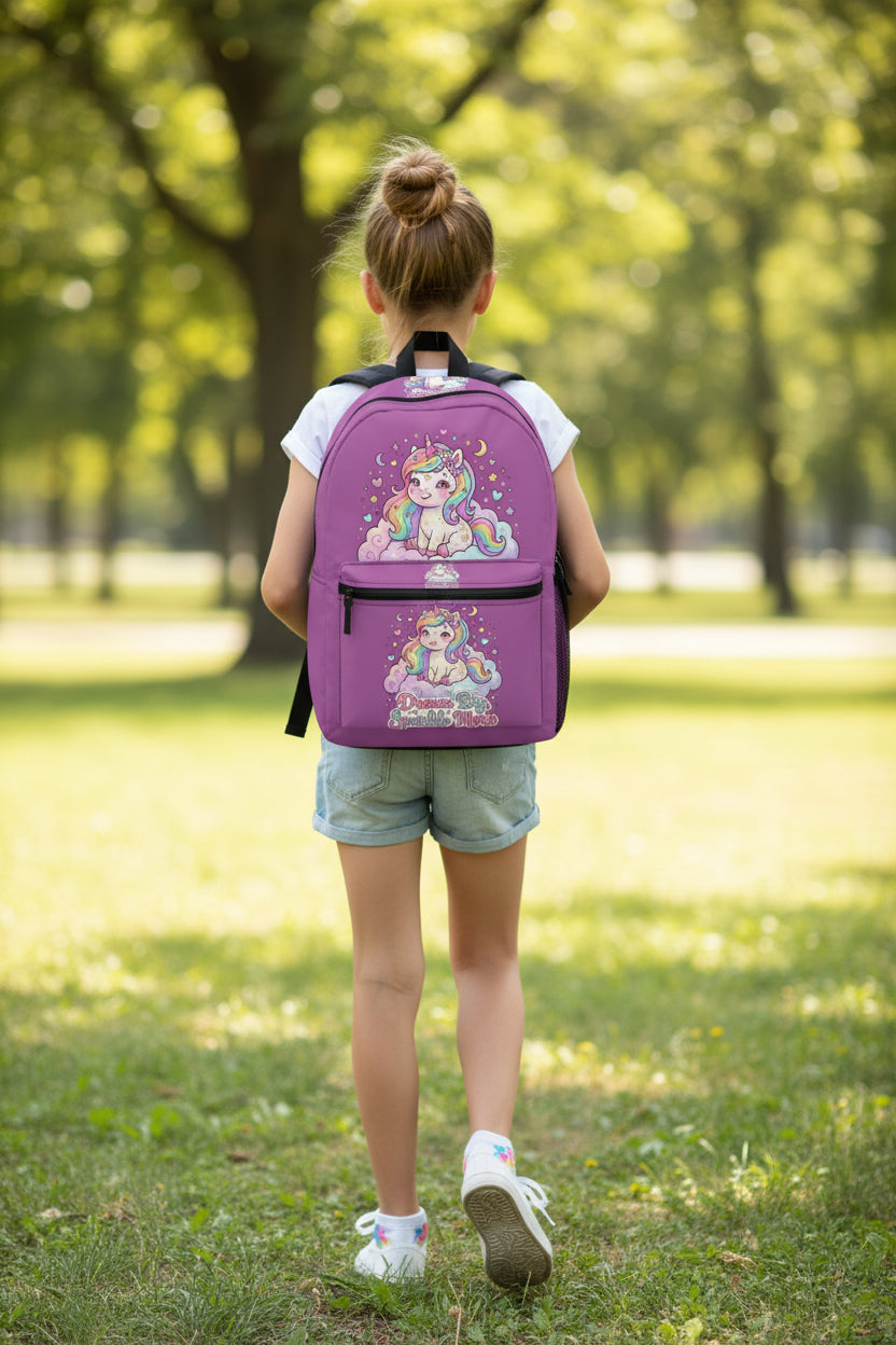 A purple backpack featuring a cute cartoon unicorn illustration on the front pocket and main compartment, with the text 'Dream Big Sparkle Mice' below the front graphic. The backpack has black zippers, a black top handle, and a white background.