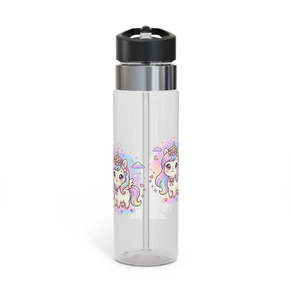 A clear plastic water bottle with a black flip-top lid and a stainless steel collar, featuring a colorful cartoon unicorn graphic printed on the front.