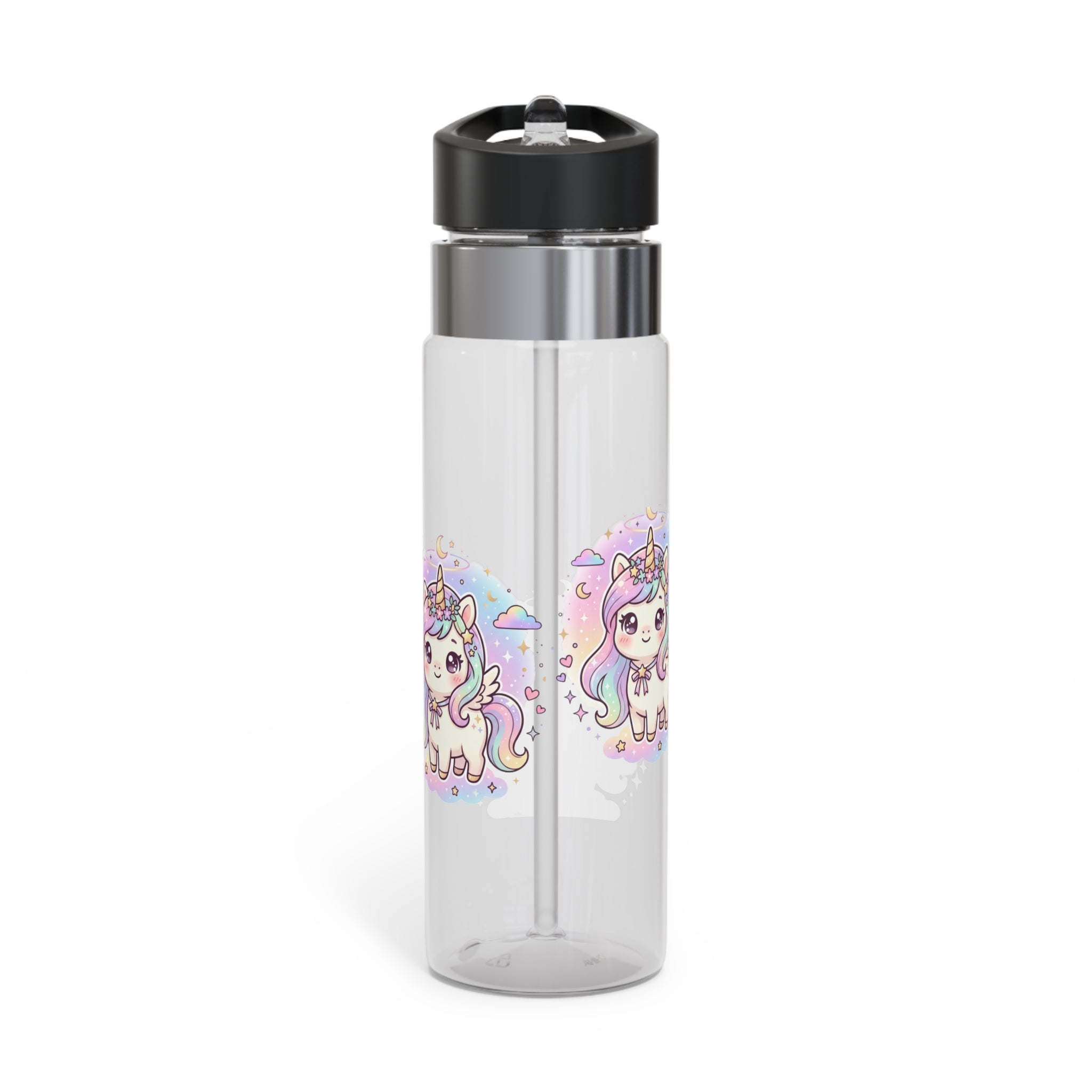 A clear plastic water bottle with a black flip-top lid and a stainless steel collar, featuring a colorful cartoon unicorn graphic printed on the front.