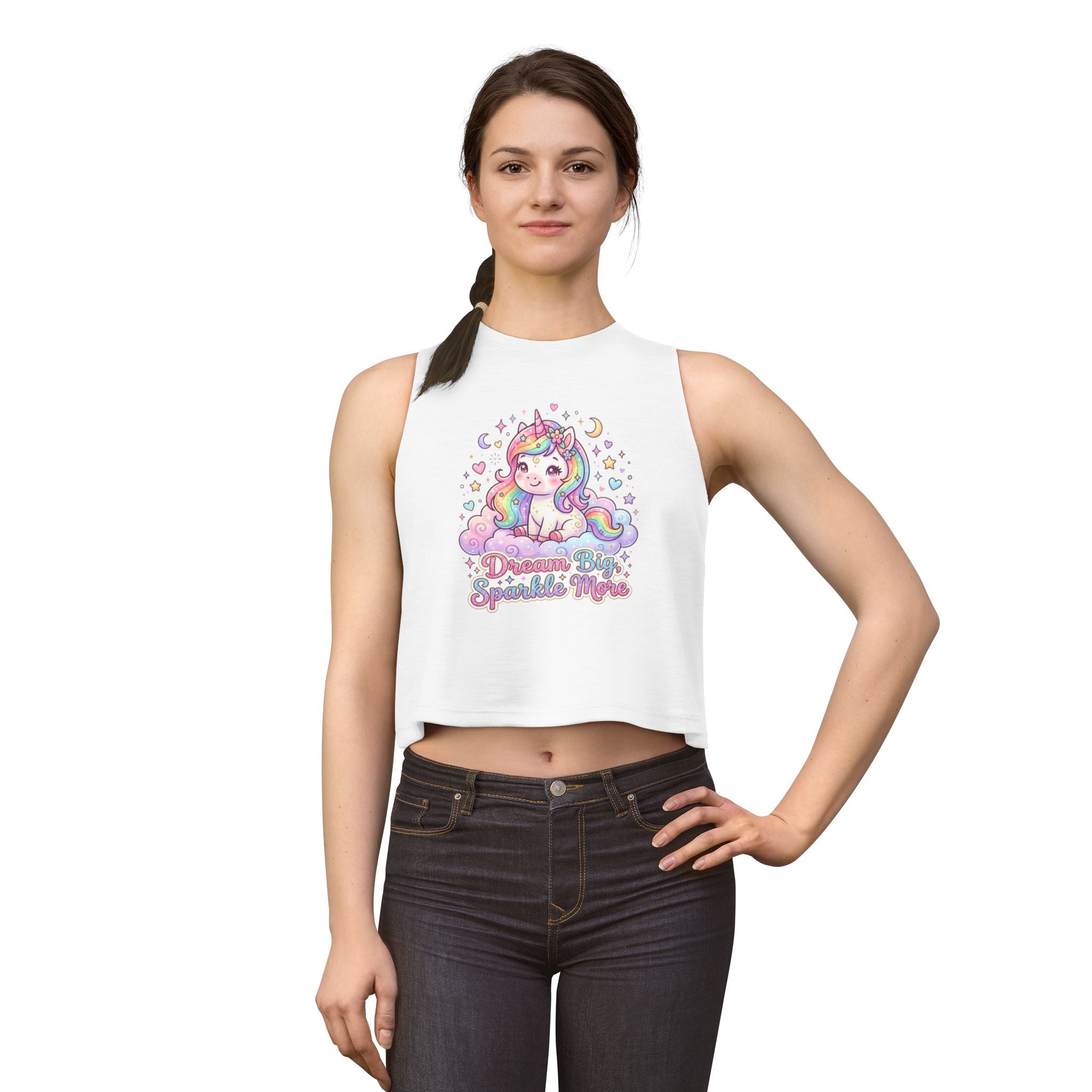 Person wearing a sleeveless shirt with colorful text design on a white background