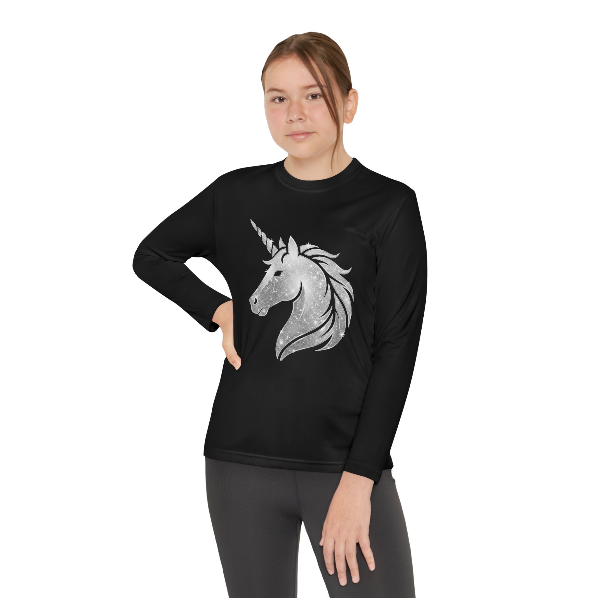 Youth Unicorn Long Sleeve Tee — Silver Glitter Unicorn Graphic