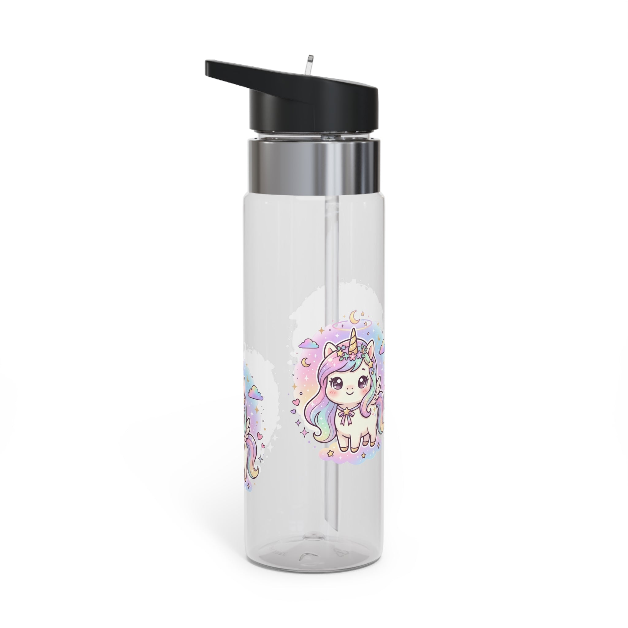 A clear plastic water bottle with a black flip-top lid and a stainless steel collar, decorated with a cute pastel unicorn illustration on the front.