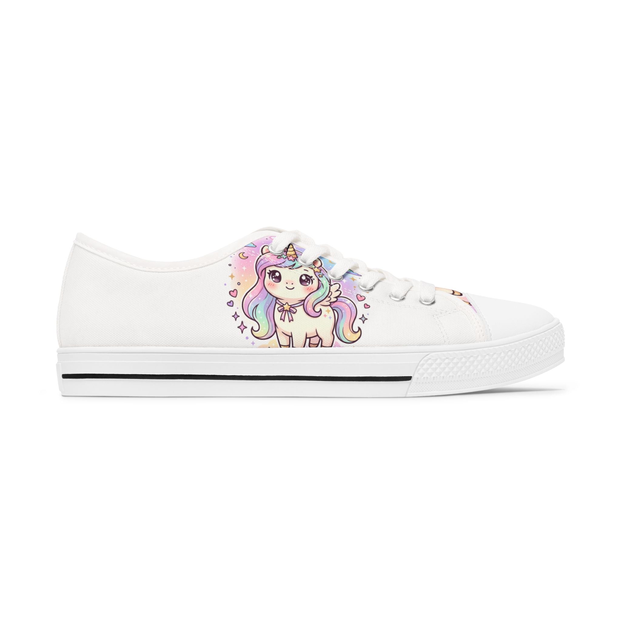 A white low-top canvas sneaker featuring a colorful cartoon unicorn graphic on the side, complete with a pastel rainbow mane, horn, and small star accents.
