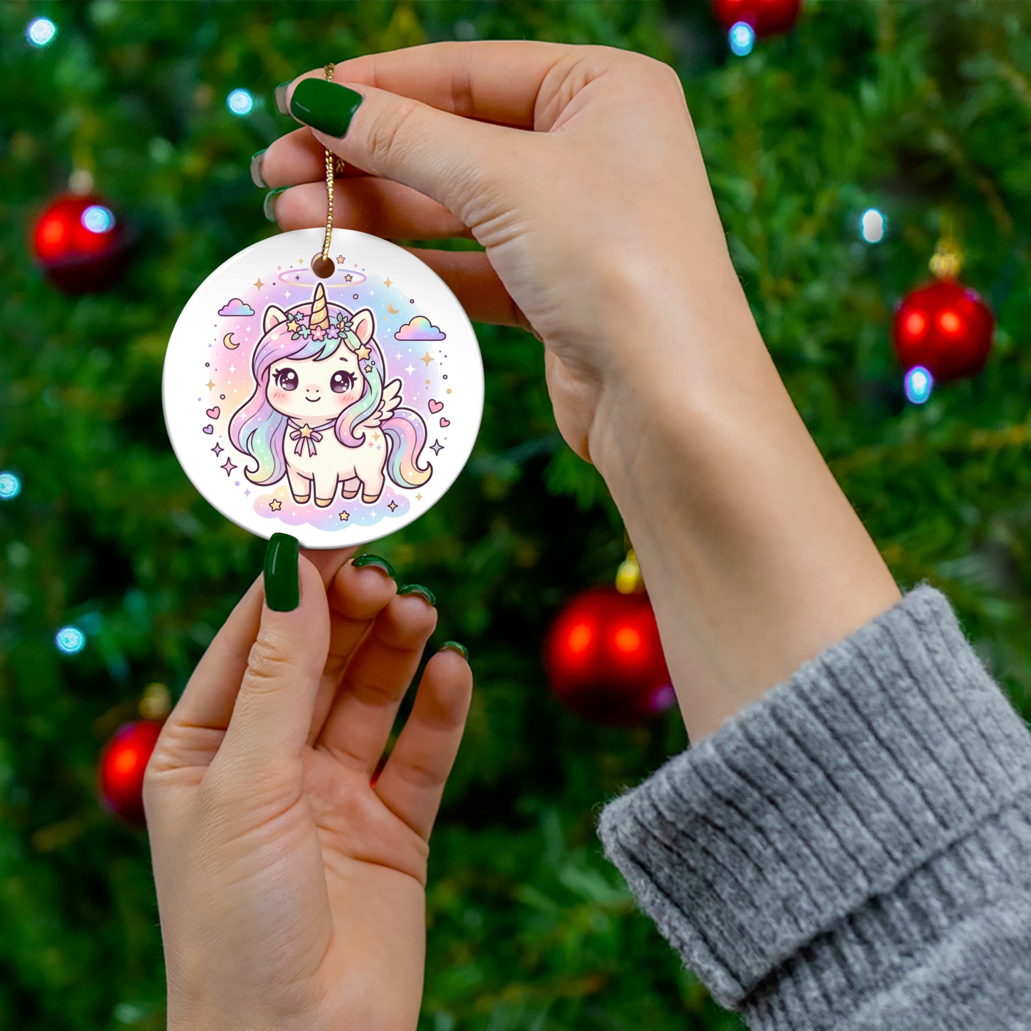 Hand holding a Christmas ornament with a tree design against a festive background