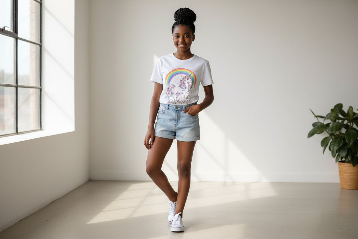 A white short-sleeve crewneck t-shirt featuring a colorful graphic of a white unicorn with a rainbow mane and tail, standing in front of a vibrant rainbow and small stars.