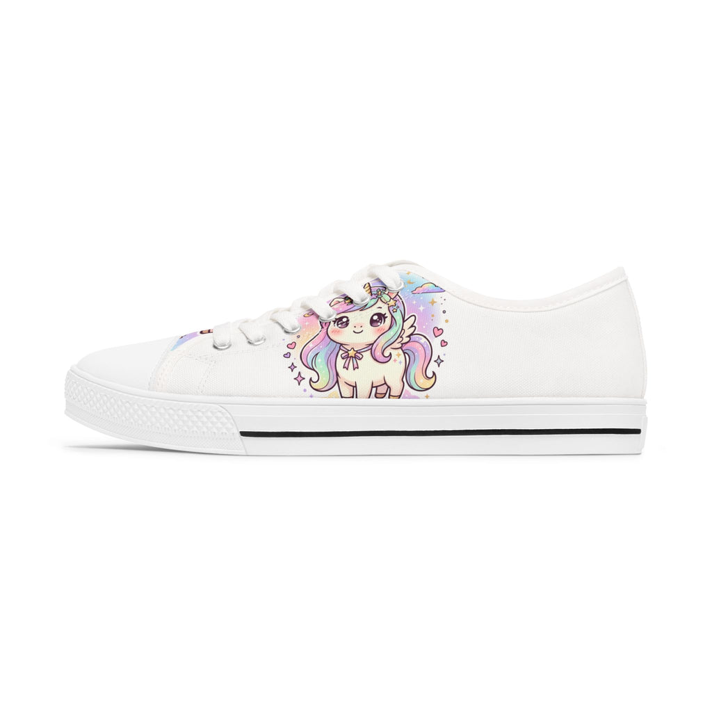 A white low-top canvas sneaker featuring a cute, colorful cartoon unicorn graphic on the side, shown against a plain white background.
