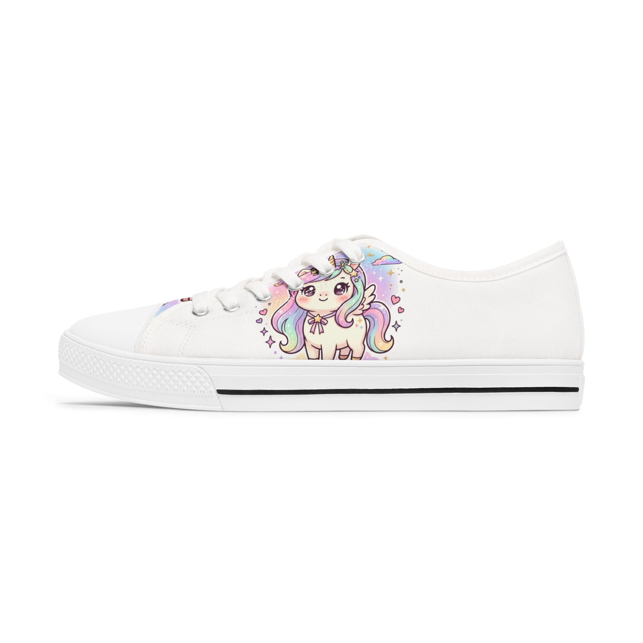 A white low-top canvas sneaker featuring a cute, colorful cartoon unicorn graphic on the side, shown against a plain white background.