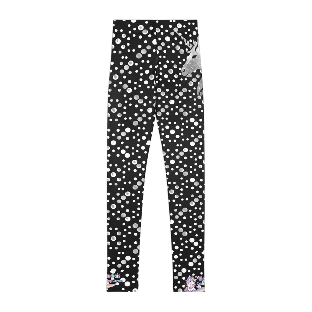 Youth Snowfall Unicorn Leggings — Black Polka Dot Winter AOP