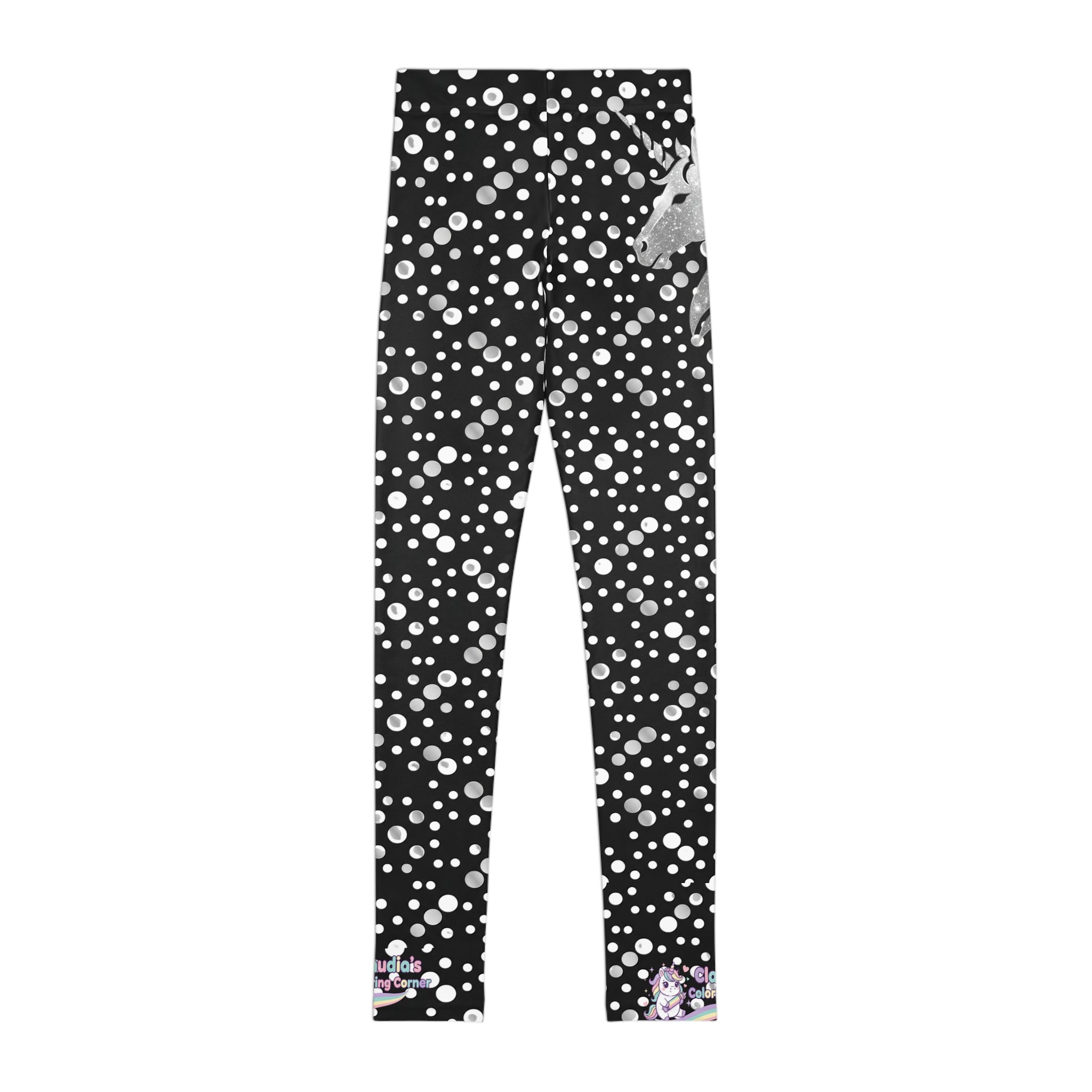 Youth Snowfall Unicorn Leggings — Black Polka Dot Winter AOP