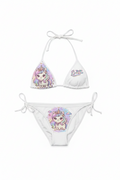 White string bikini set featuring a cute cartoon unicorn graphic on the front of both the triangle top and the tie-side bottoms, shown on a plain white background.