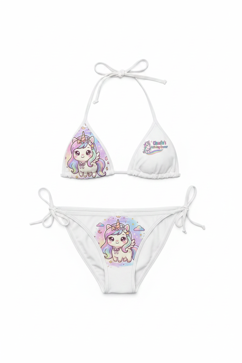 White string bikini set featuring a cute cartoon unicorn graphic on the front of both the triangle top and the tie-side bottoms, shown on a plain white background.