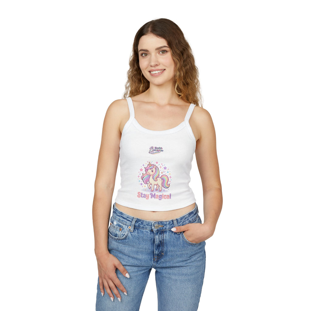 Woman wearing a white tank top with a gold logo and 'JEVESACE' text on a white background