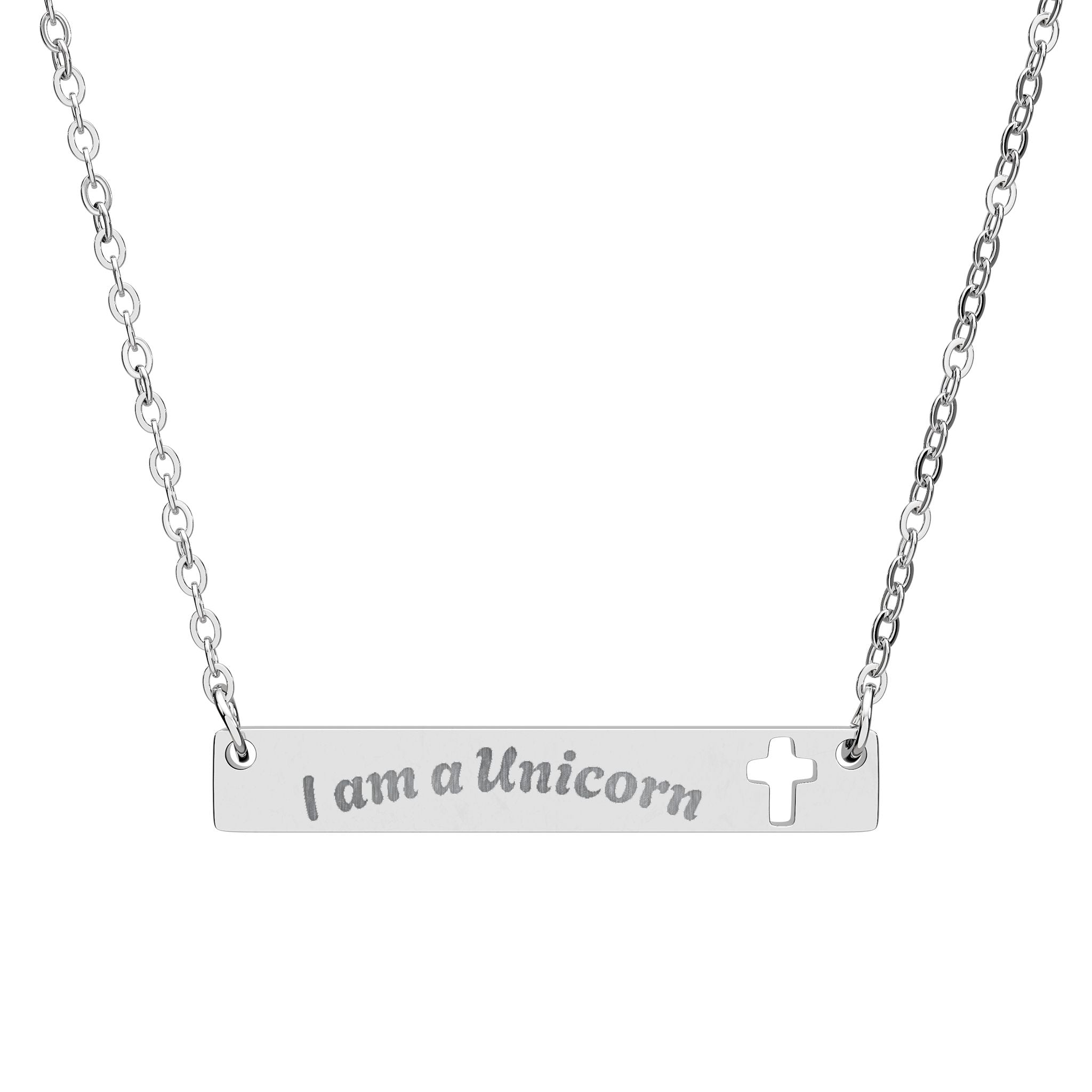 Silver necklace with a bar pendant and heart cutout on a white background