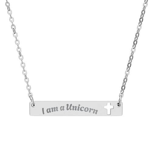 Silver necklace with a bar pendant and heart cutout on a white background