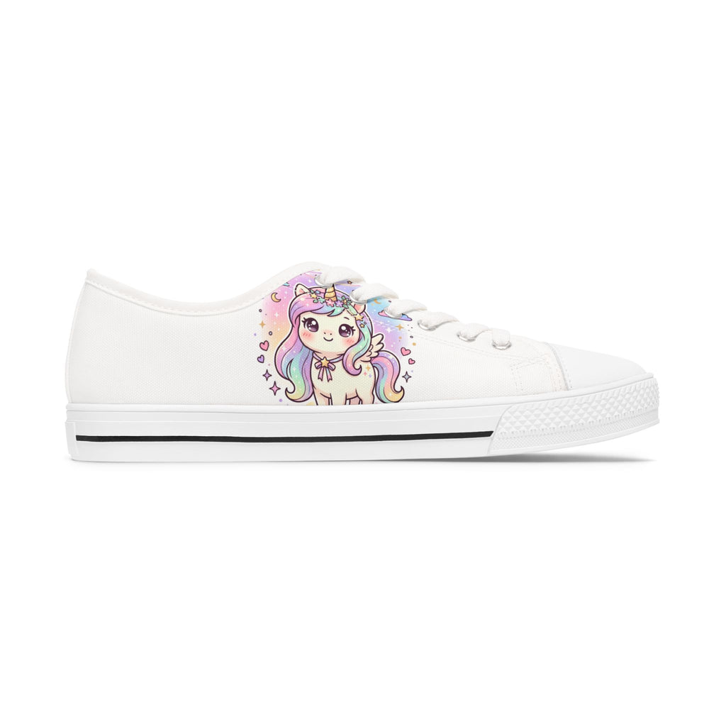 A white low-top canvas sneaker featuring a colorful cartoon unicorn graphic on the side, set against a plain white background.