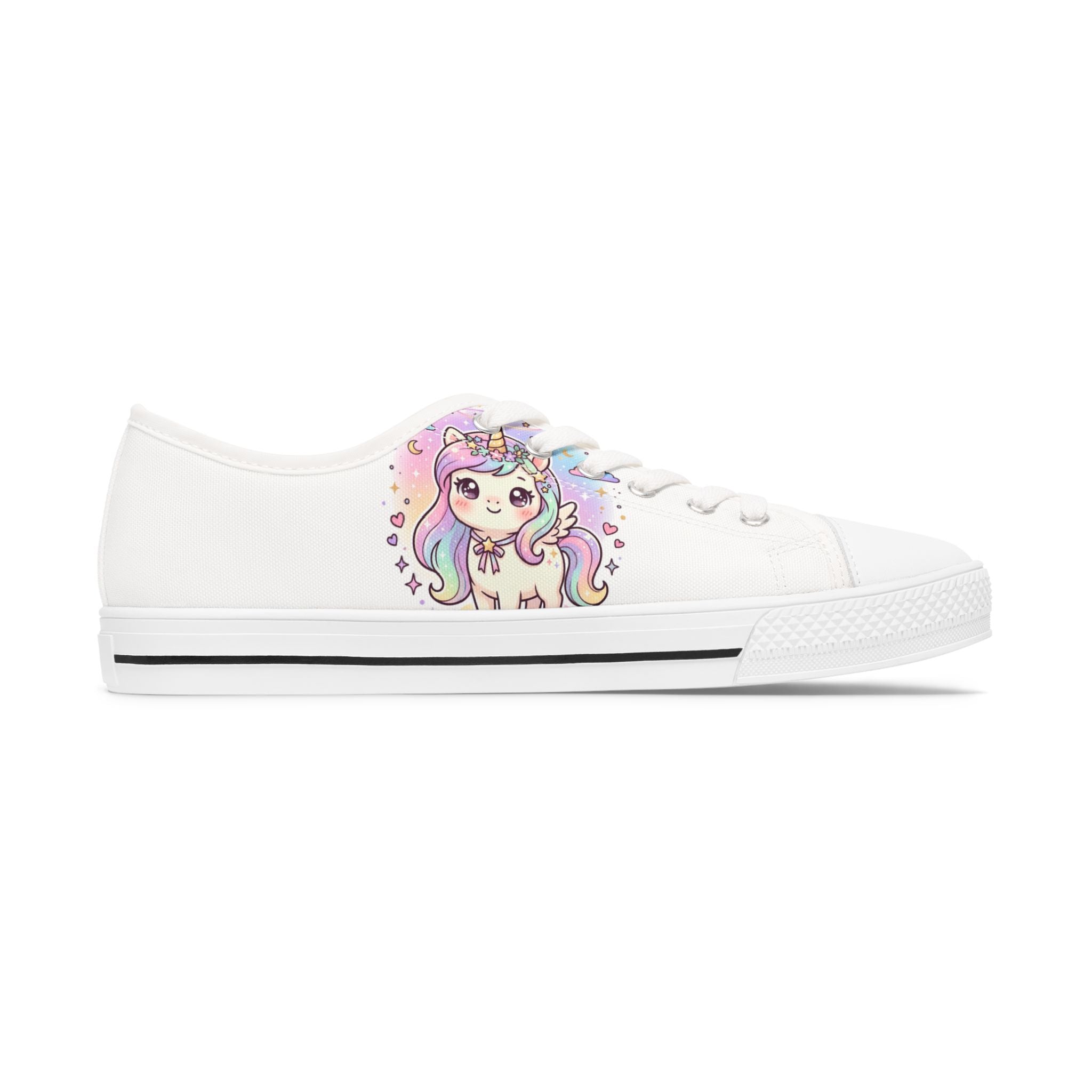 A white low-top canvas sneaker featuring a colorful cartoon unicorn graphic on the side, set against a plain white background.