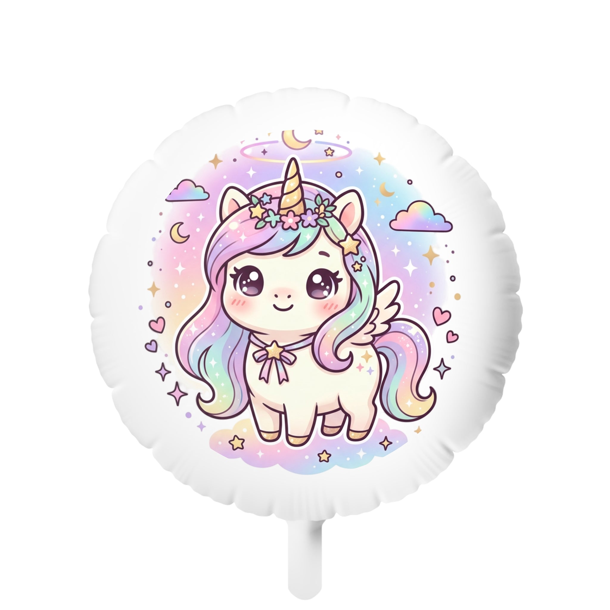 A round white foil balloon with a printed cartoon unicorn design. The unicorn has pastel lavender, pink, and blue hair, a gold horn, and is surrounded by stars, moons, and hearts on a soft pastel background.