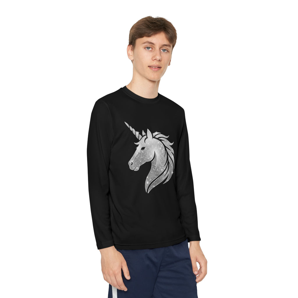 Youth Unicorn Long Sleeve Tee — Silver Glitter Unicorn Graphic