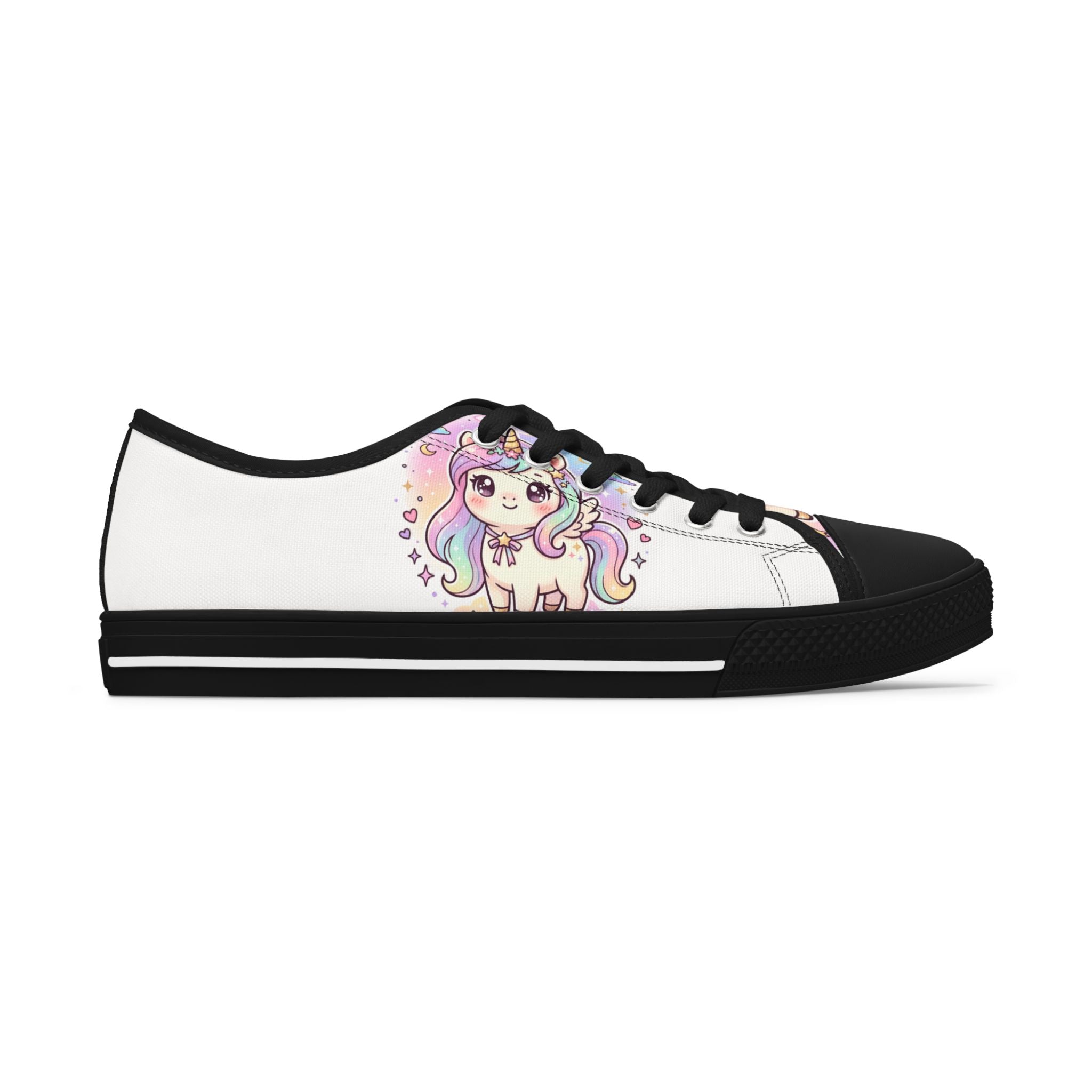 A white low-top canvas sneaker with a black rubber toe cap, black laces, and a black sole, featuring a colorful cartoon unicorn graphic printed on the side.
