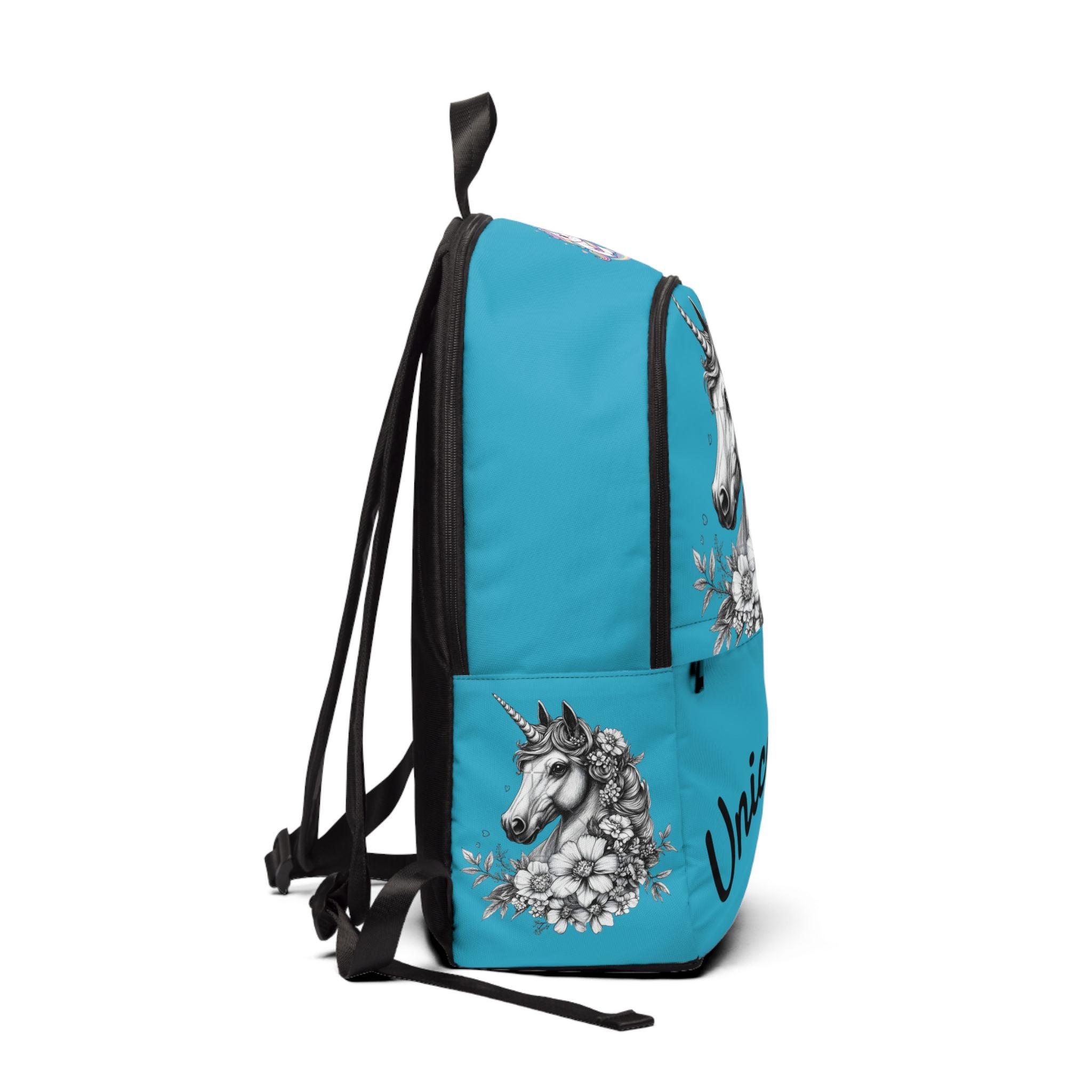 A turquoise blue backpack with black straps and trim, decorated with black and white unicorn and floral illustrations, shown on a plain white background.