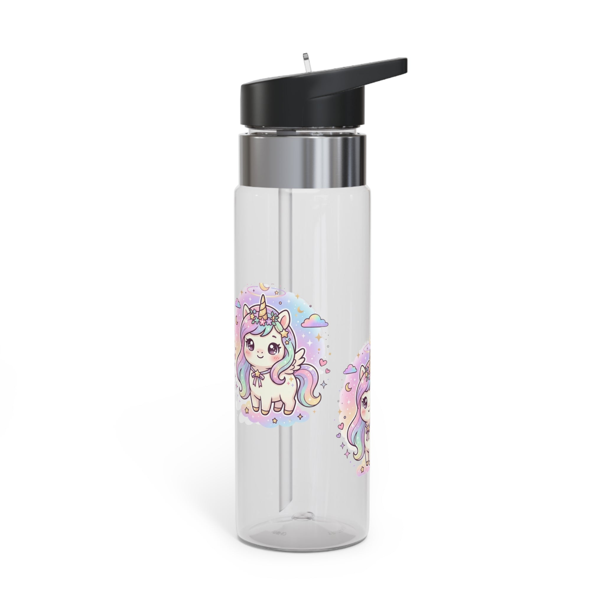 A clear plastic water bottle with a black flip-top lid and a silver collar, decorated with a cute pastel unicorn illustration on the front.