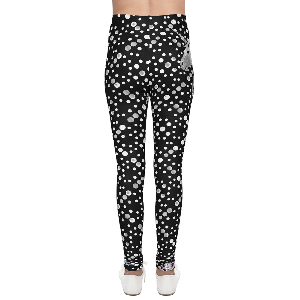 Youth Snowfall Unicorn Leggings — Black Polka Dot Winter AOP
