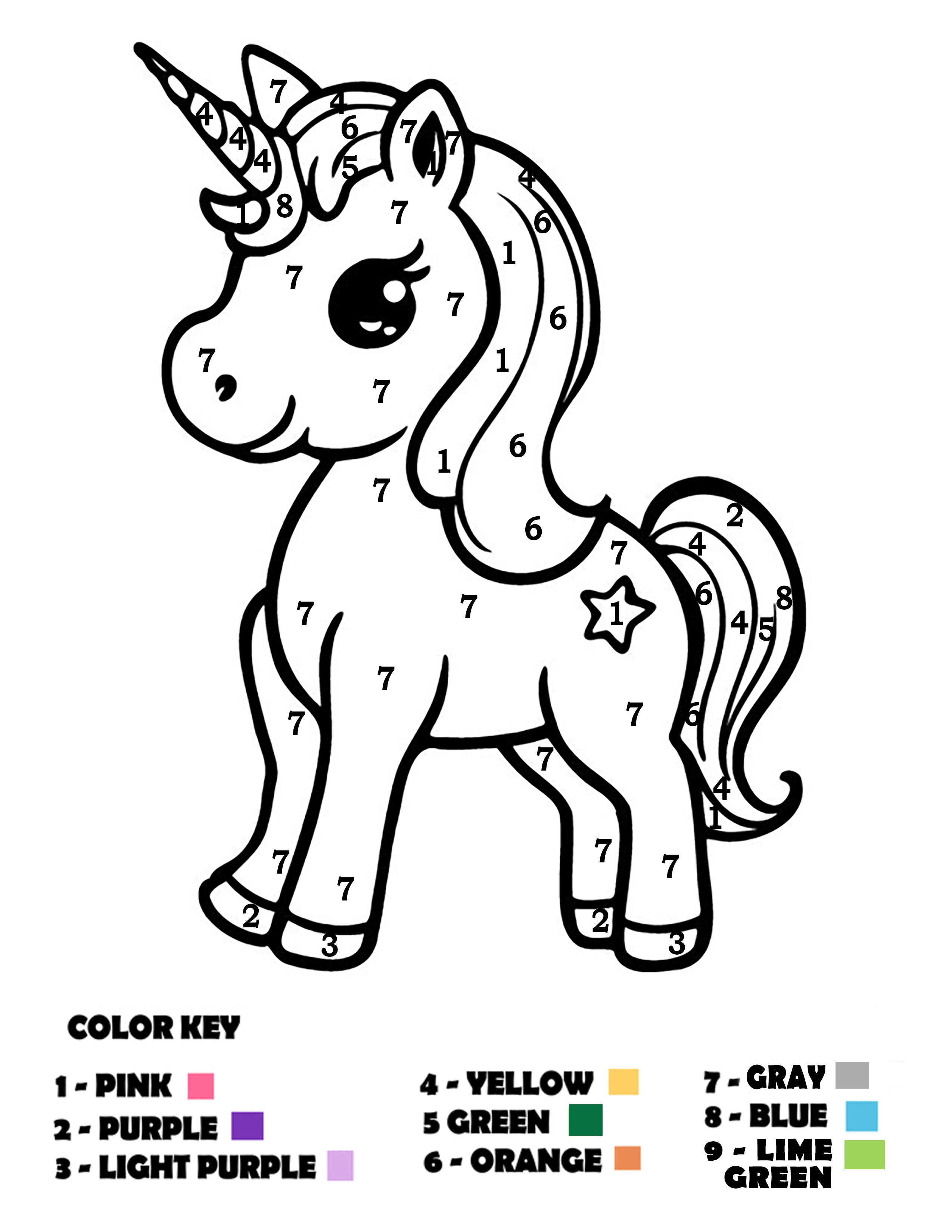 A black and white line art coloring page of a cartoon unicorn with numbered sections and a color key at the bottom showing color options.