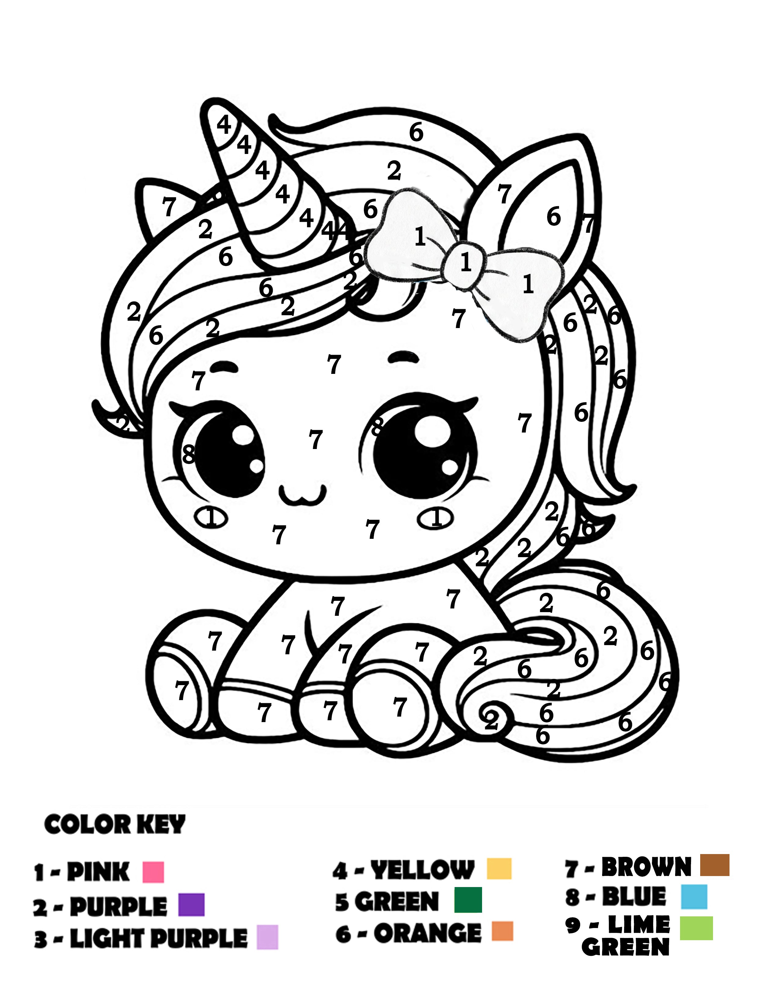 A black and white cartoon unicorn coloring page with numbered sections and a color key at the bottom showing color options like pink, purple, green, blue, orange, and brown.