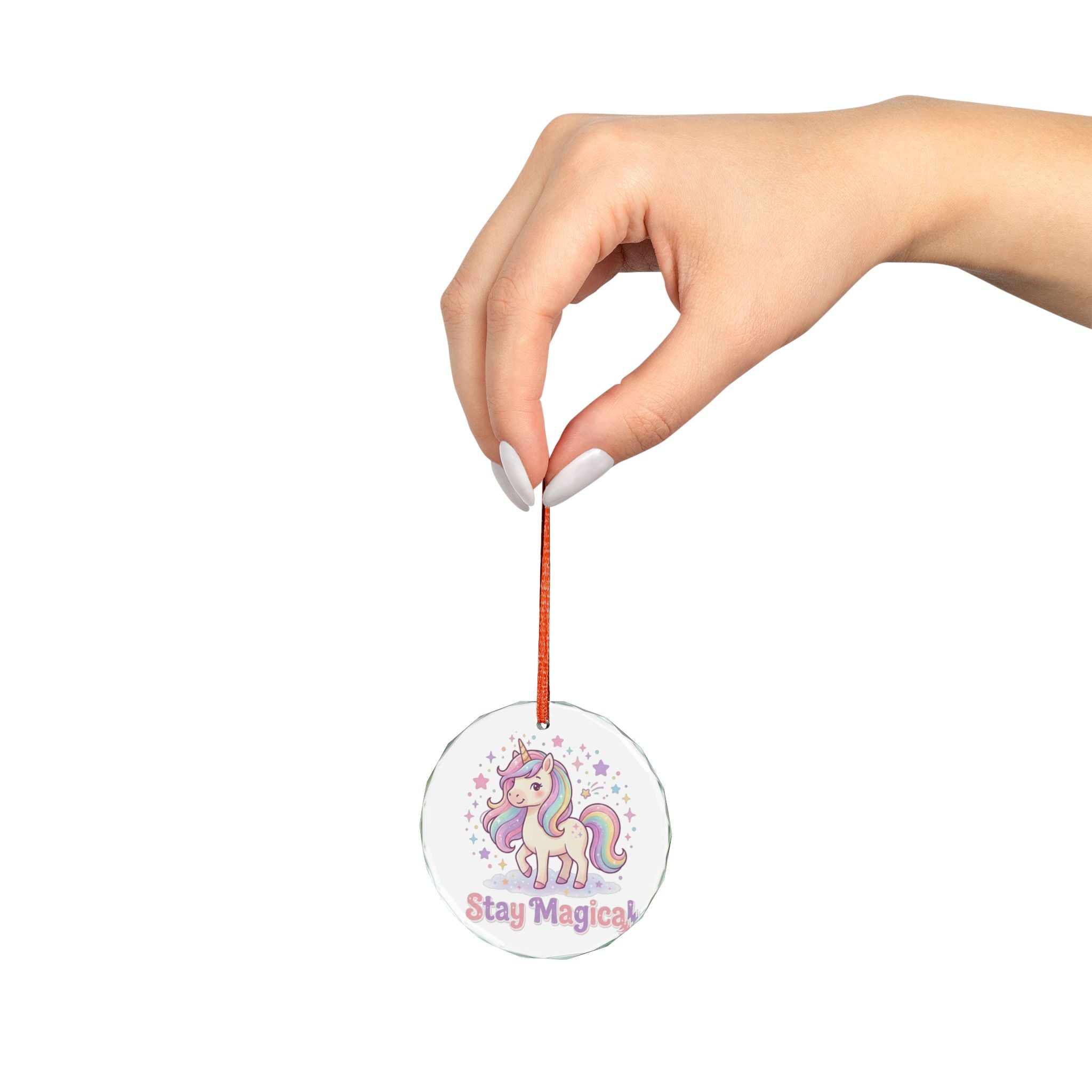 Hand holding a round product with text and a logo on a white background