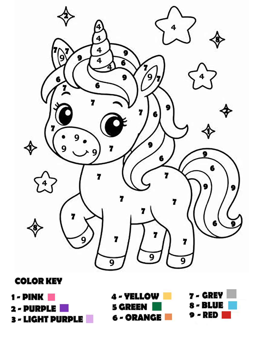 Een kleurplaat voor kinderen met een cartoon-eenhoorn met genummerde vlakken en een kleursleutel onderaan met roze, paars, lichtpaars, geel, groen, blauw, oranje en rood.