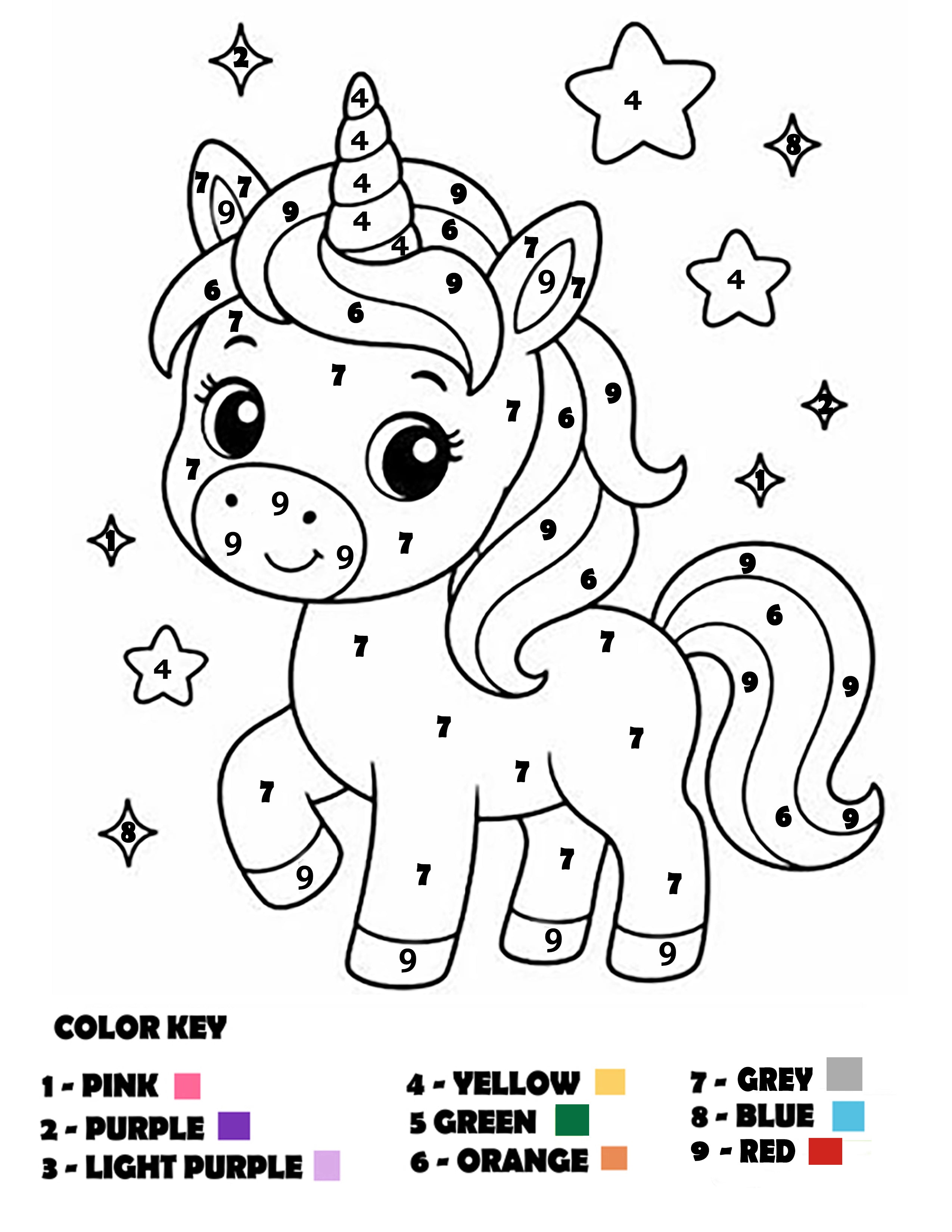 A children's coloring page featuring a cartoon unicorn with numbered sections and a color key at the bottom showing pink, purple, light purple, yellow, green, blue, orange, and red.