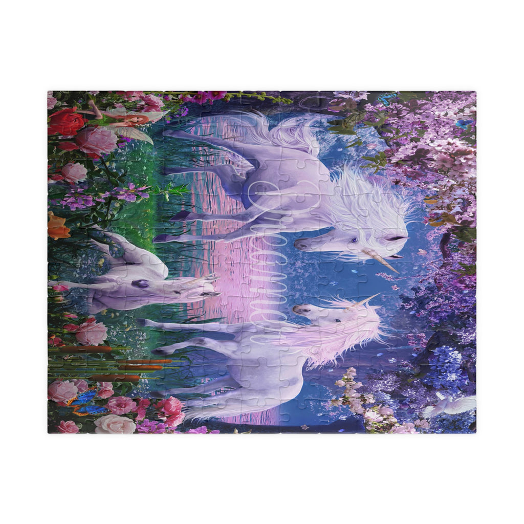 A completed jigsaw puzzle featuring a whimsical fantasy scene of three white unicorns in a reflective blue pond, surrounded by colorful flowers and green foliage, shown against a plain white background.