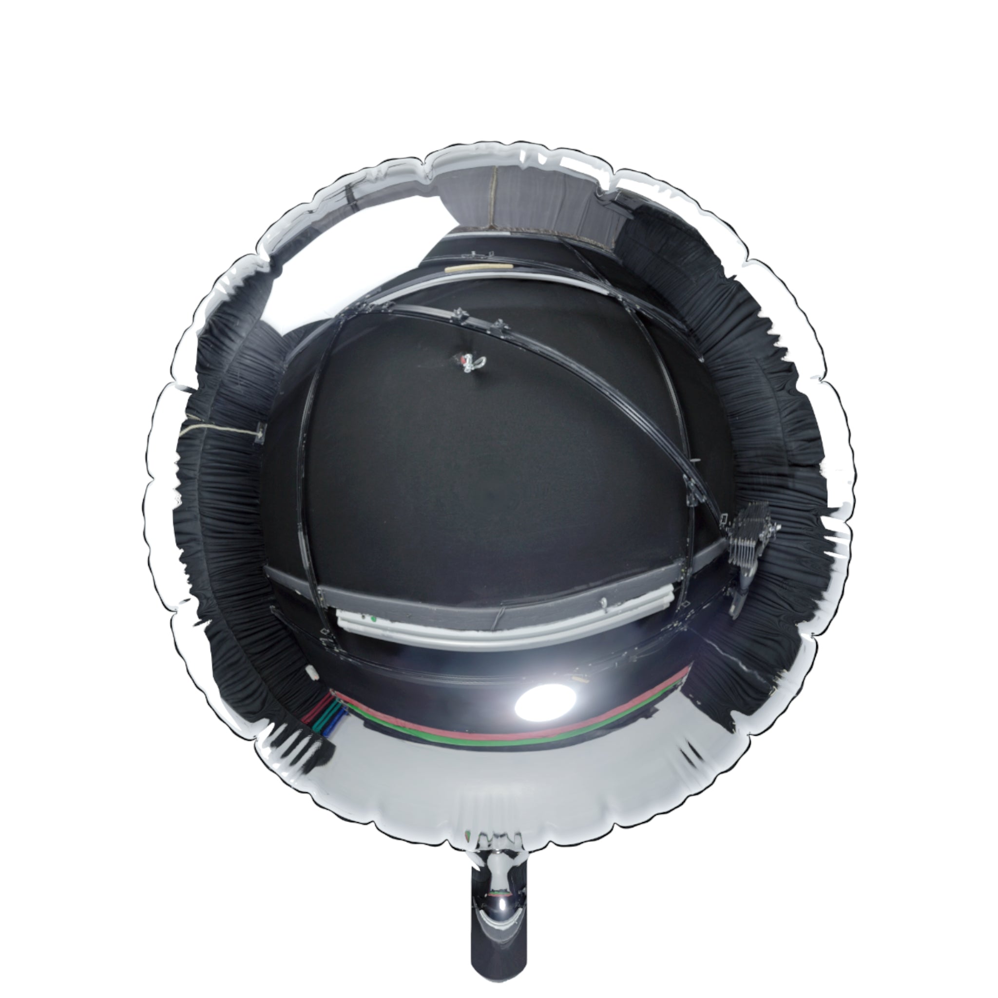 Metallic balloon with a black and silver design on a white background
