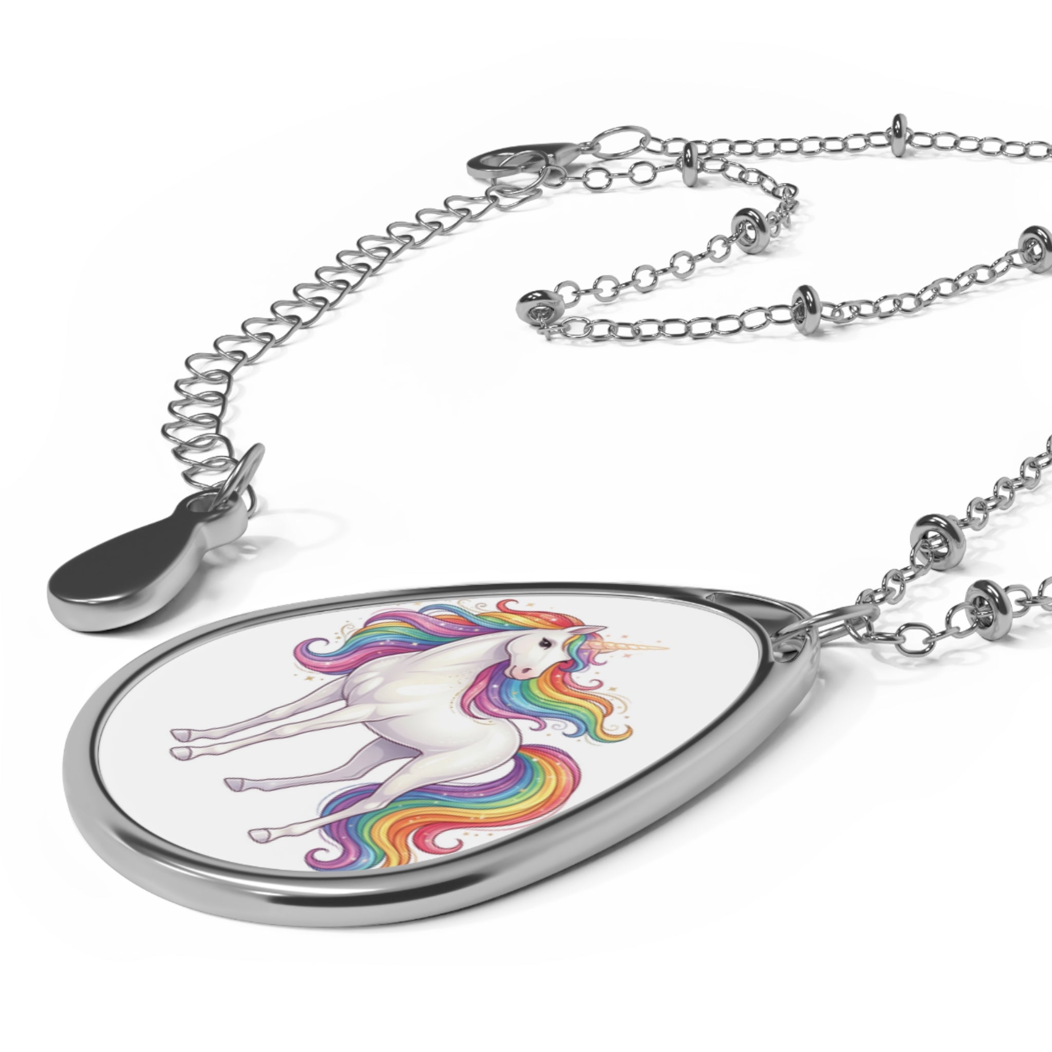 Unicorn Oval Necklace — Rainbow Mane Pendant Jewelry for Kids & Teens
