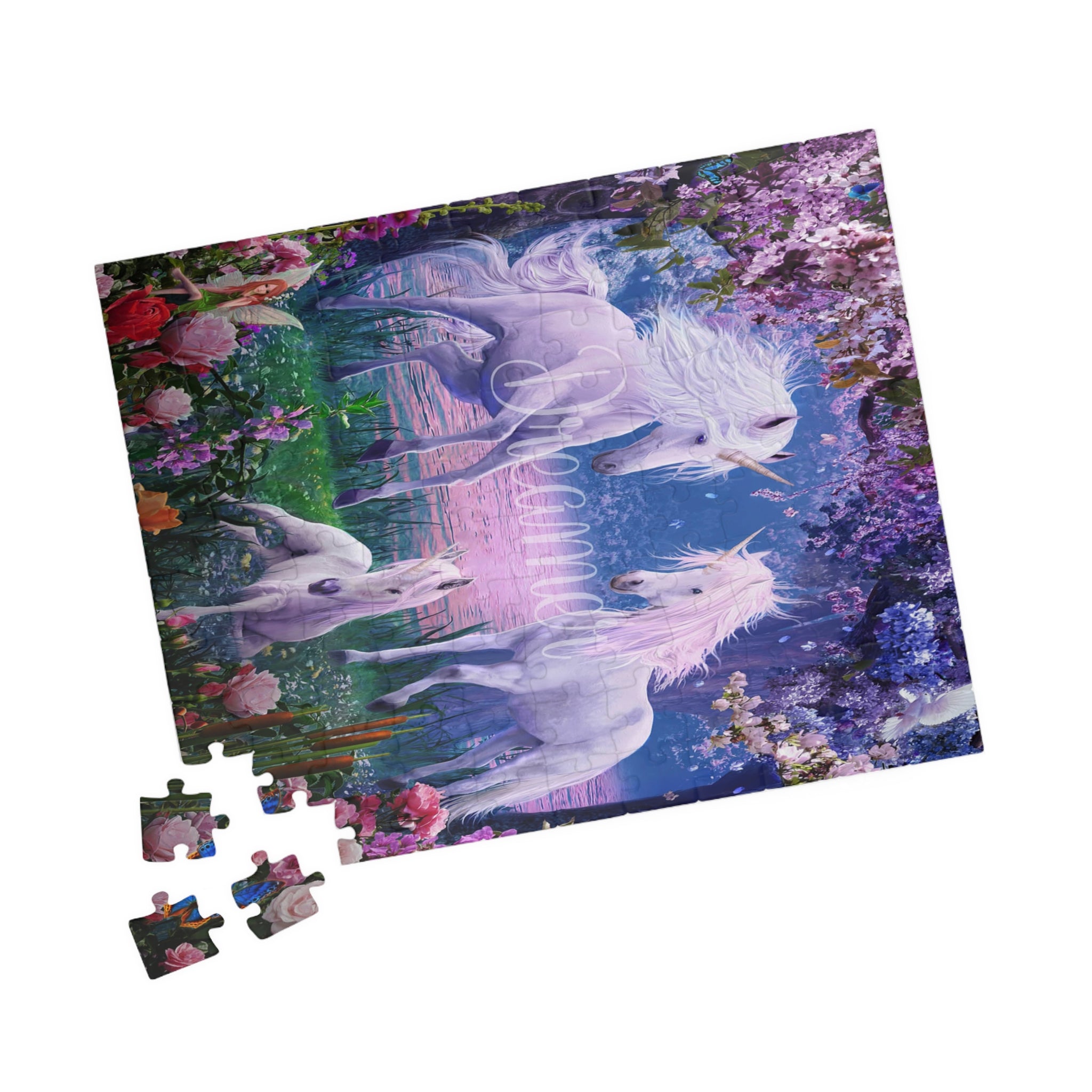 A completed jigsaw puzzle showing a fantasy scene with white unicorns in a glowing blue and purple landscape, with a few loose puzzle pieces placed below on a white background.