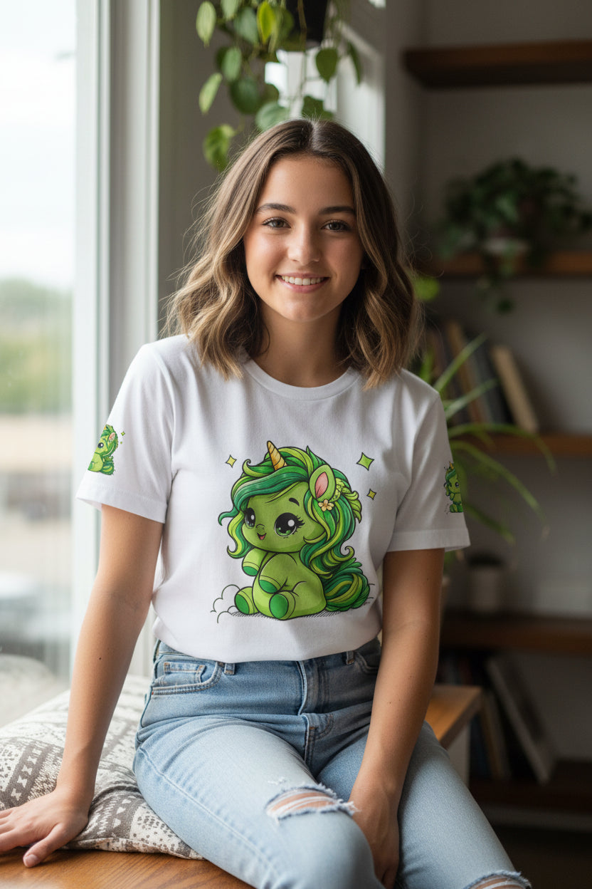 A white short-sleeve crewneck t-shirt featuring a cute green cartoon unicorn graphic on the front, with matching green graphics printed on both sleeves.