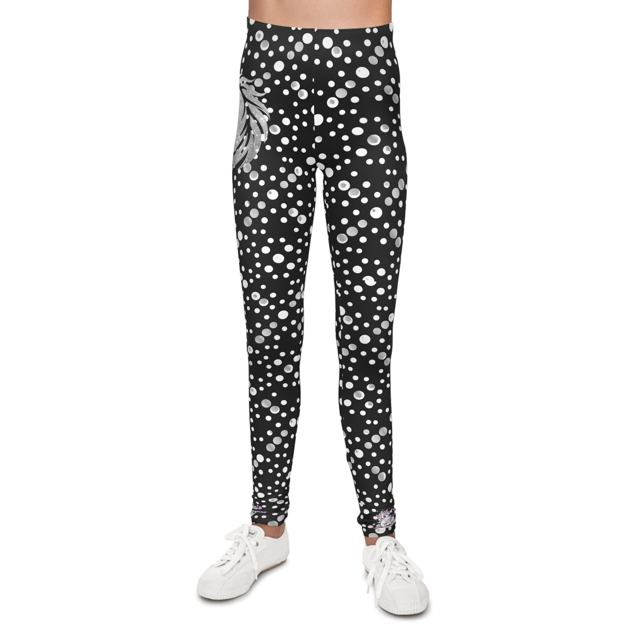 Youth Snowfall Unicorn Leggings — Black Polka Dot Winter AOP