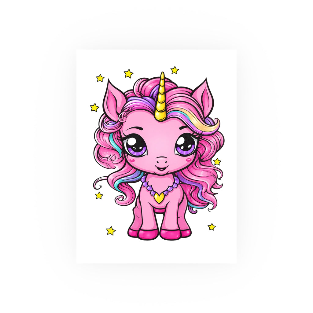 A cute cartoon unicorn illustration centered on a white square card or print, with pink body, rainbow mane, yellow horn, purple eyes, and small yellow stars around it.