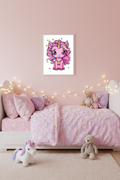 A framed art print of a cute pink cartoon unicorn hanging on a dusty pink bedroom wall above a bed with pink bedding, string lights, and stuffed toys.