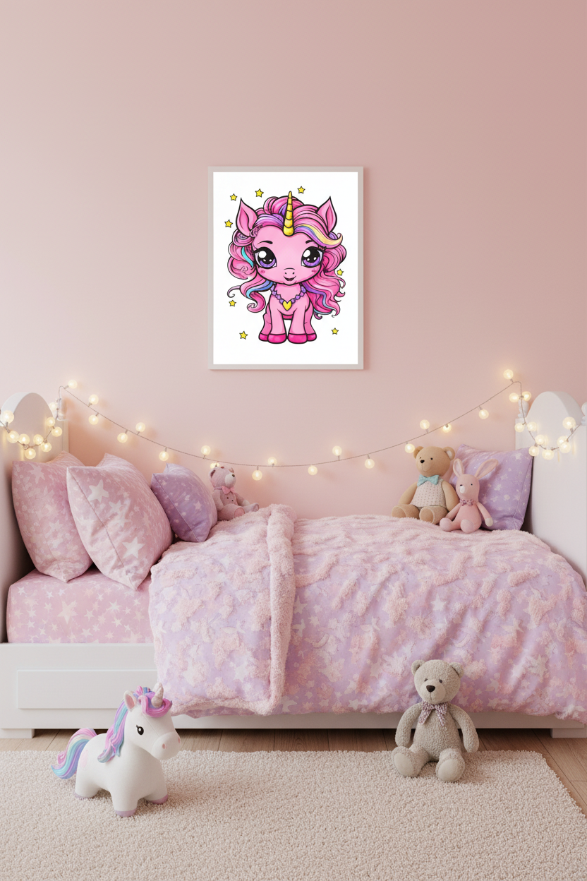 A framed art print of a cute pink cartoon unicorn hanging on a dusty pink bedroom wall above a bed with pink bedding, string lights, and stuffed toys.