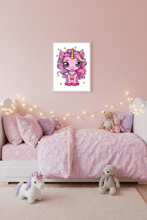 A framed art print of a cute pink cartoon unicorn hanging on a dusty pink bedroom wall above a bed with pink bedding, string lights, and stuffed toys.
