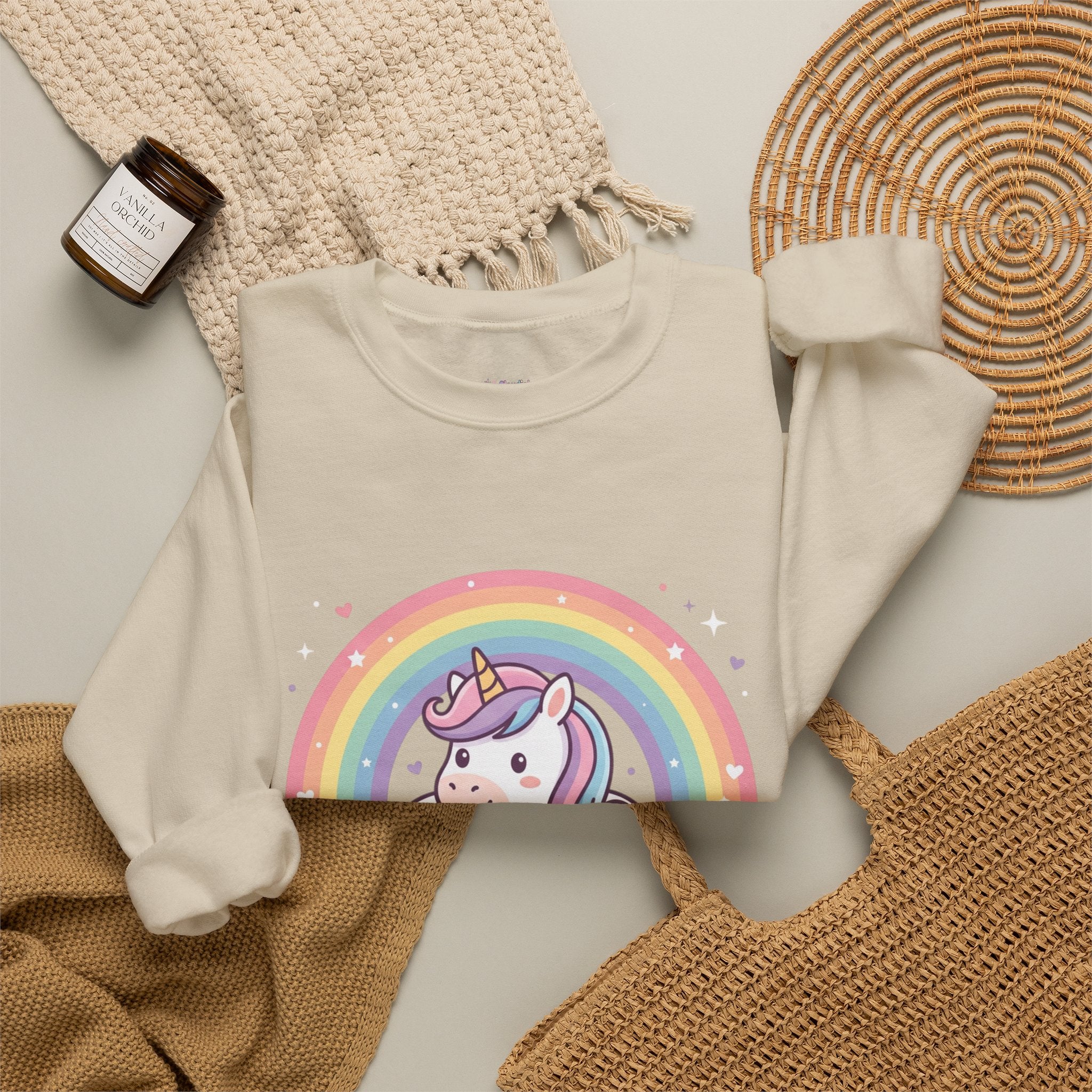 Unicorn Rainbow Crewneck Sweatshirt — Cute Pastel Cloud Graphic