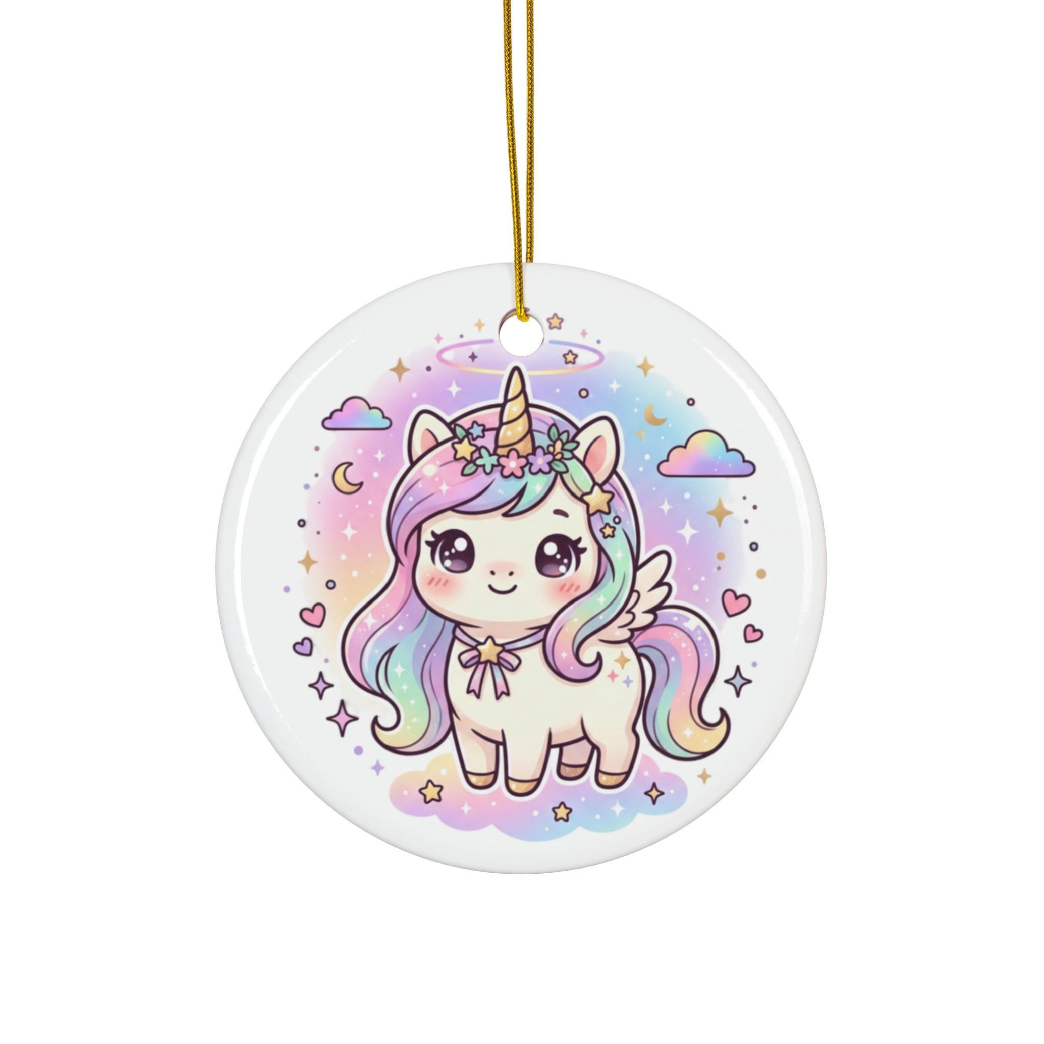 Round white ceramic Christmas ornament featuring a cute chibi-style unicorn with pastel rainbow hair, a gold horn, and a floral crown, hanging from a gold string against a white background.