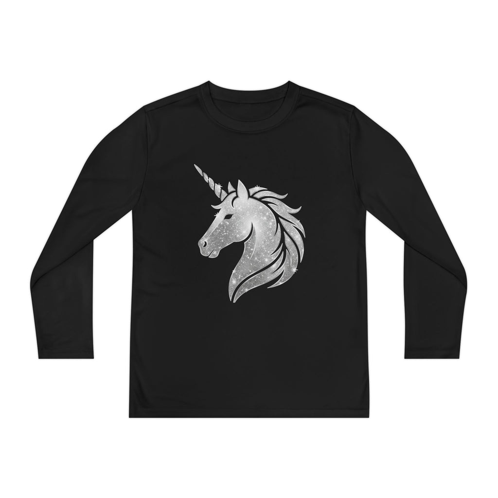 Youth Unicorn Long Sleeve Tee — Silver Glitter Unicorn Graphic