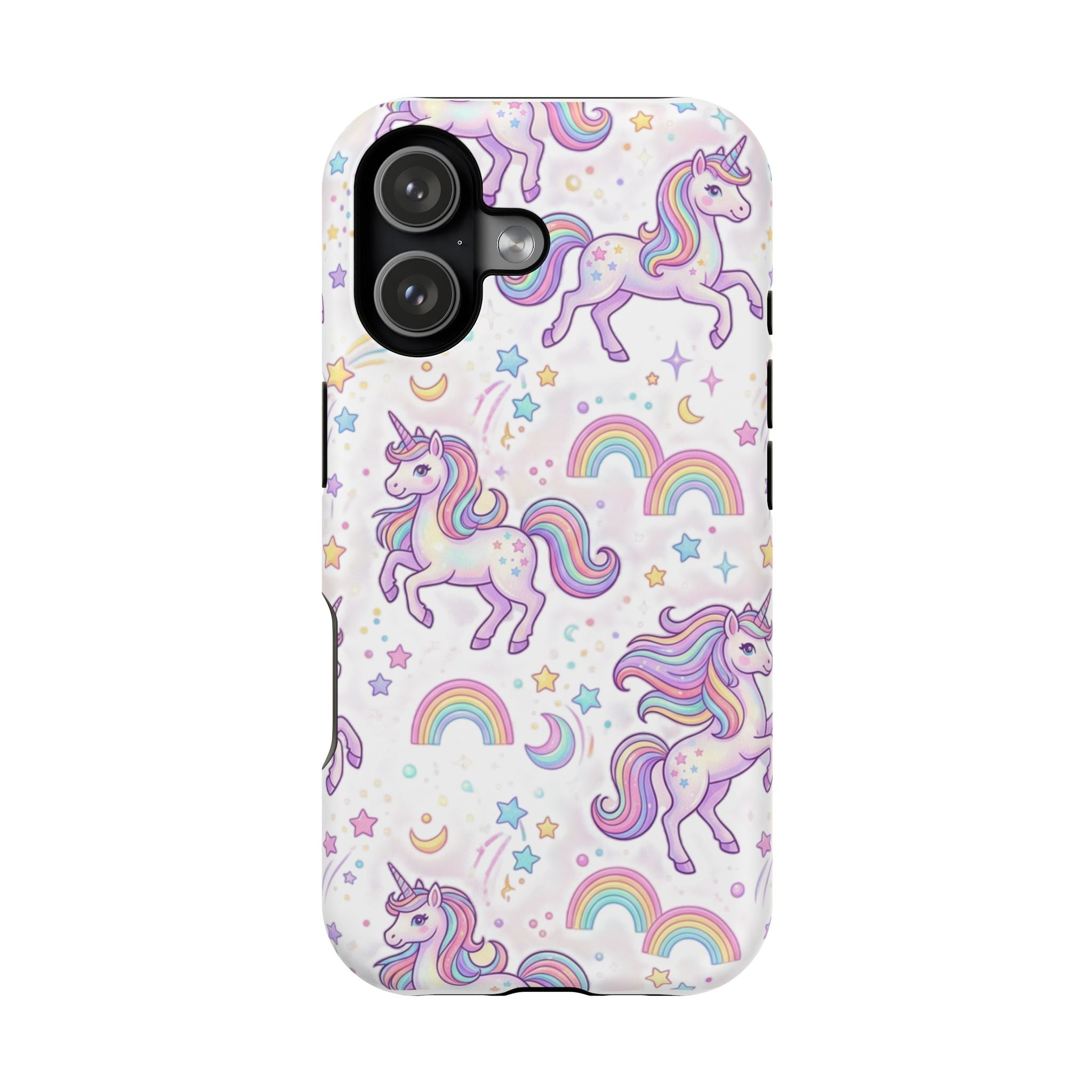 A phone case featuring a repeating pattern of pastel purple unicorns, rainbows, stars, and crescent moons on a white background.
