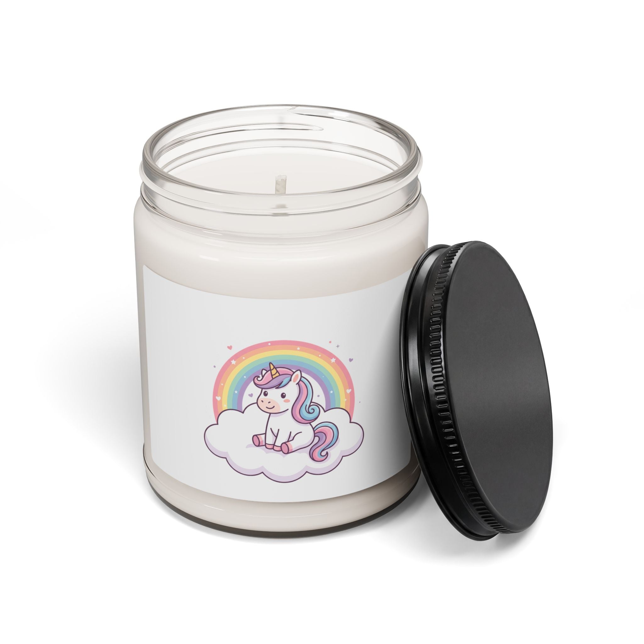 Candle jar with a label featuring a human form illustration on a white background