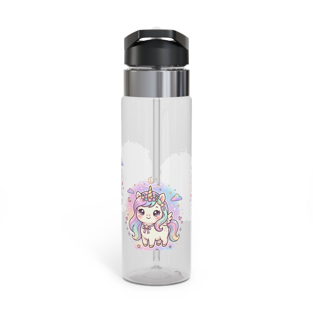 A clear plastic water bottle with a black flip-top lid and a stainless steel collar, featuring a colorful cartoon unicorn illustration on the front.