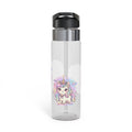 A clear plastic water bottle with a black flip-top lid and a stainless steel collar, featuring a colorful cartoon unicorn illustration on the front.