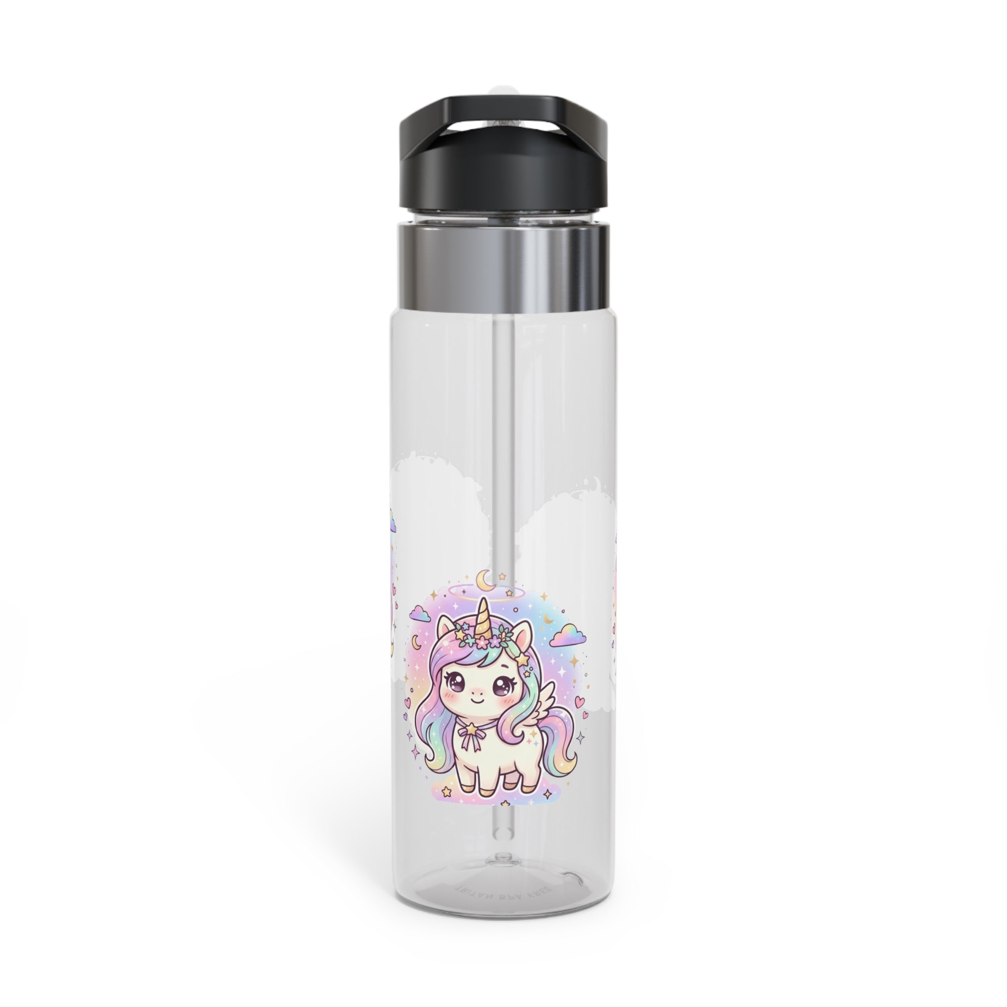 A clear plastic water bottle with a black flip-top lid and a stainless steel collar, featuring a colorful cartoon unicorn illustration on the front.